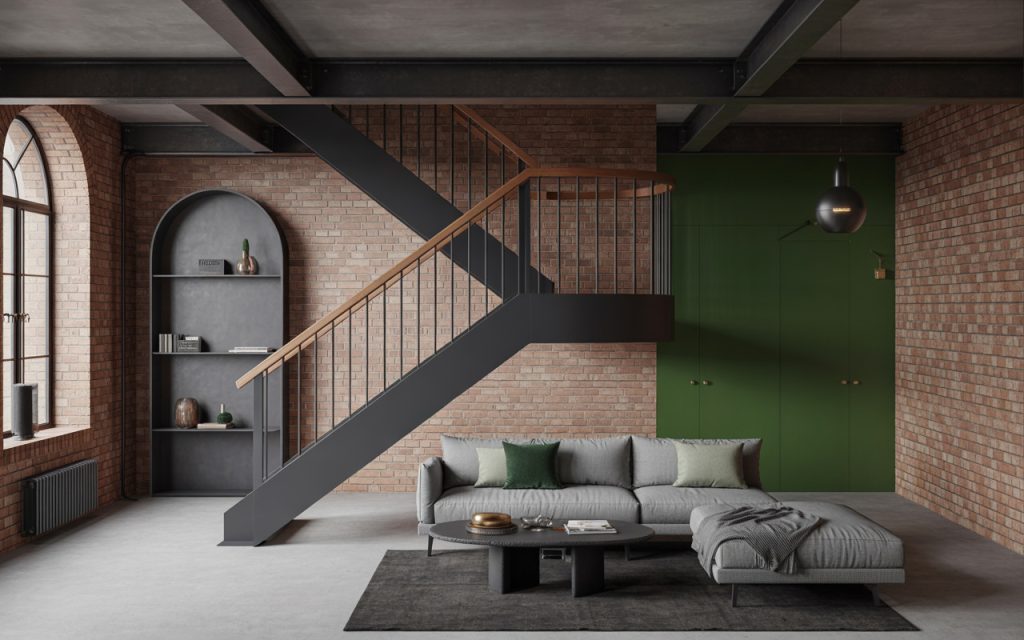 Contemporary industrial steel staircase design with wooden handrail in loft