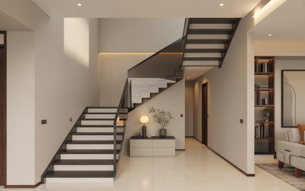 Elegant l shaped steel staircase design in a modern minimalistic home interior