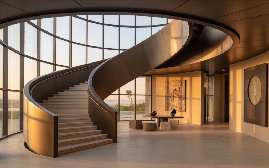 Grand steel spiral staircase design in a modern luxury glass-walled interior