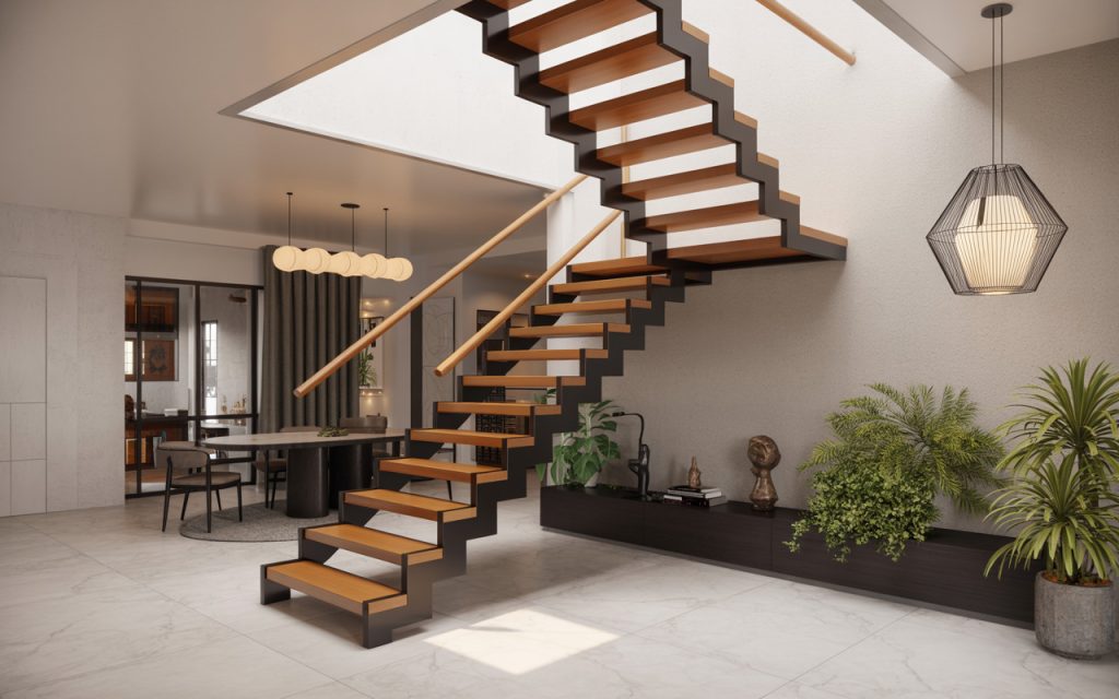 Elegant floating steel staircase design with wood treads in modern open space