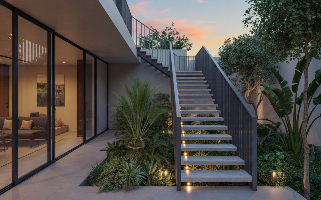 Elegant outdoor steel staircase design surrounded by lush greenery at sunset