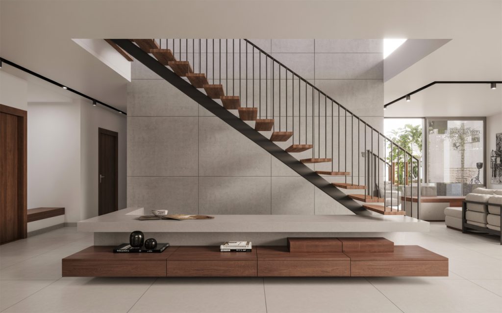 Stylish floating steel staircase design with vertical railing in modern home