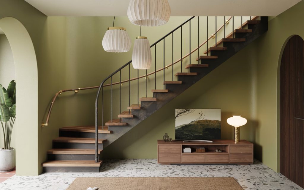 Elegant steel staircase interior design with wooden steps and warm green walls