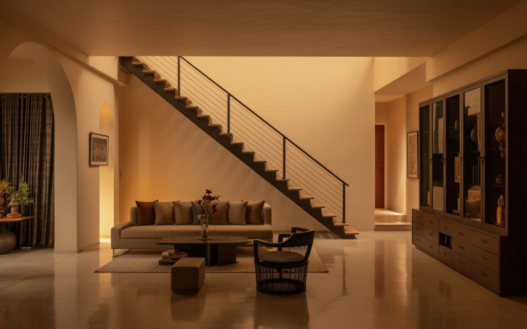 Elegant simple steel staircase design enhances cozy modern living room decor