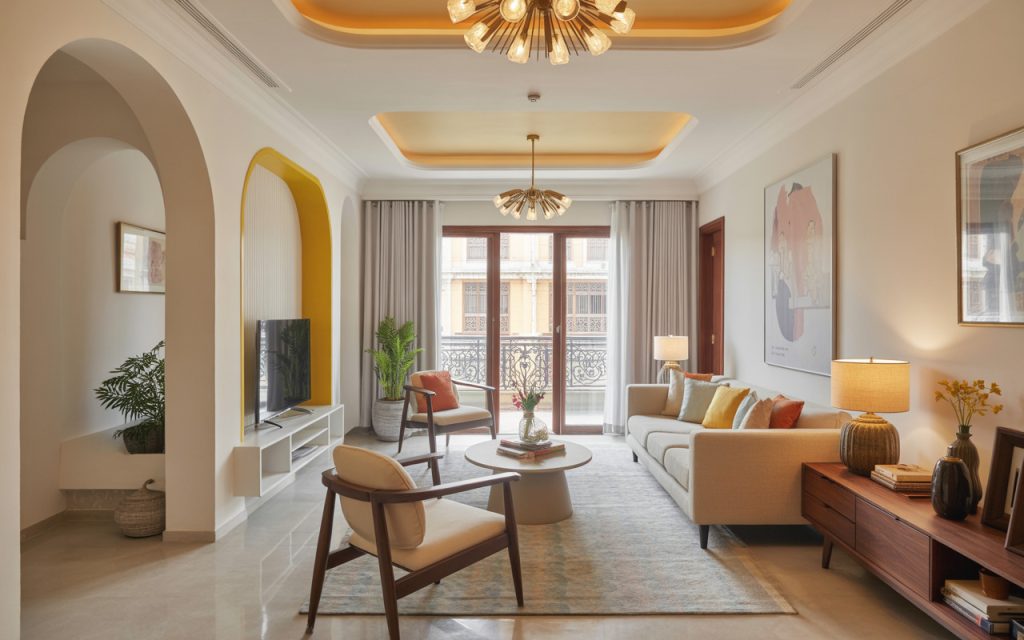 Modern simple pop design for hall with yellow accents and elegant decor style