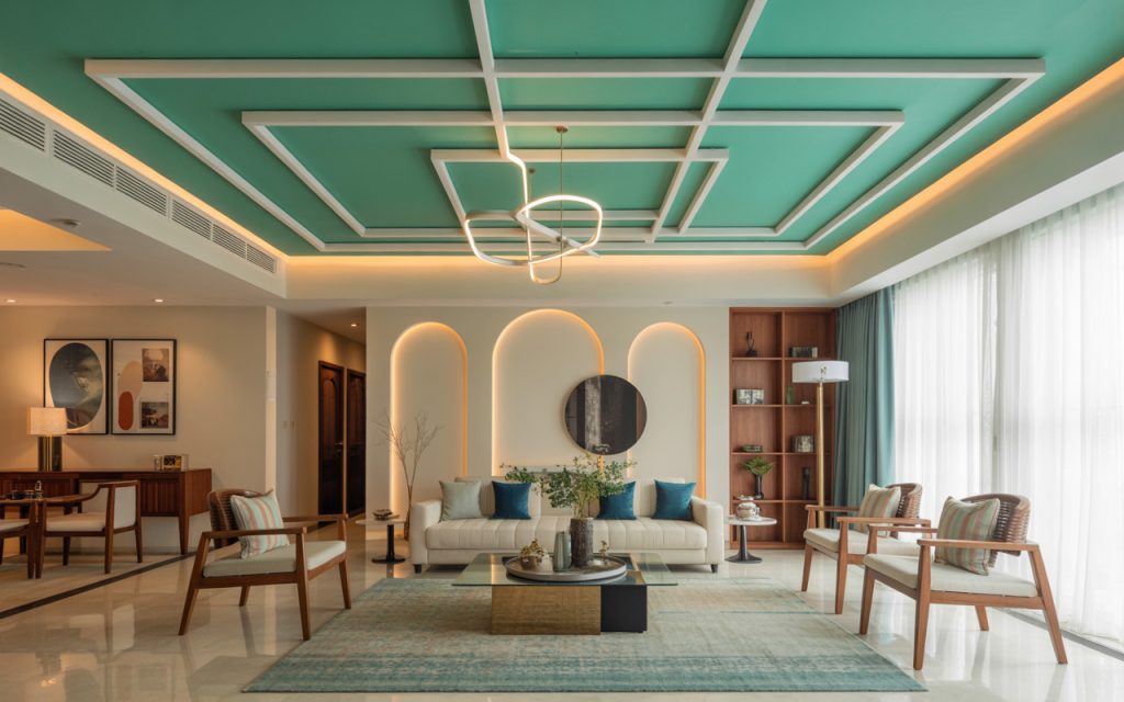 Stylish modern simple pop design colour with teal ceiling and warm lighting accents