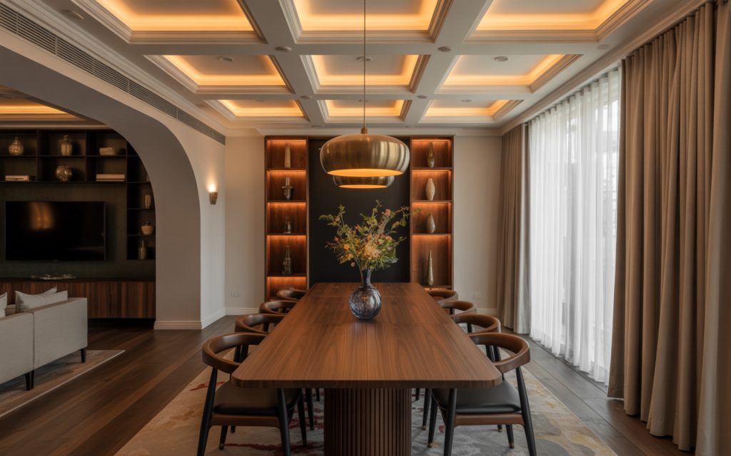 Modern simple pop design for hall with wooden dining decor and elegant lighting