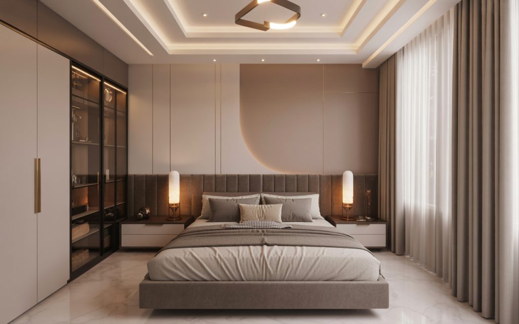 Cozy simple pop design ideas for a modern bedroom with layered ceiling and warm lights