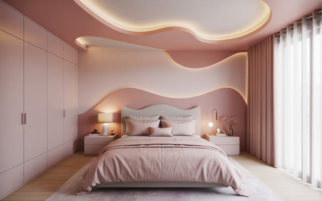 Modern simple pop design colour with wave ceiling and blush pink bedroom decor