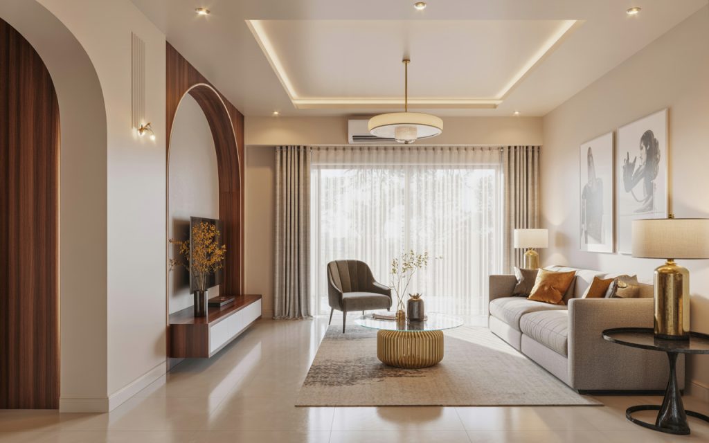 Elegant modern simple pop design for hall with warm tones and minimal decor