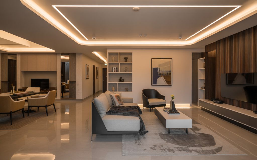 Elegant modern pop interior design with warm lighting and cozy neutral seating