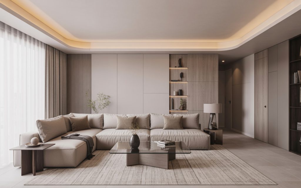 Modern simple pop design colour with soft ceiling glow in minimal living room