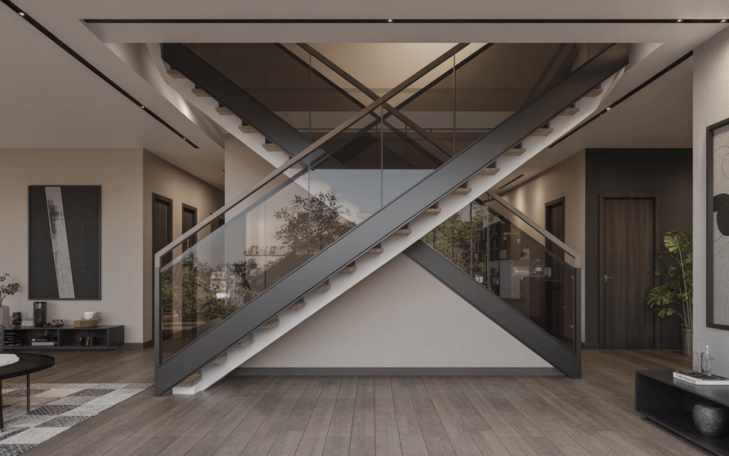Contemporary glass staircase design with bold lines in modern interior