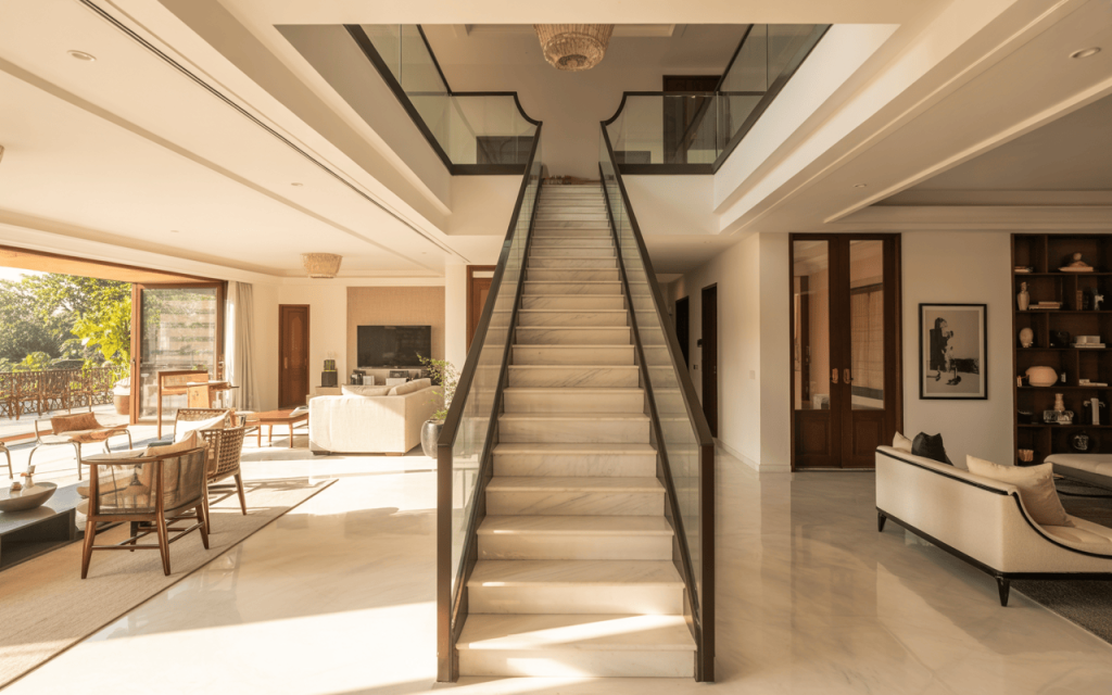 Elegant glass staircase designs for homes in a sunlit luxury living space