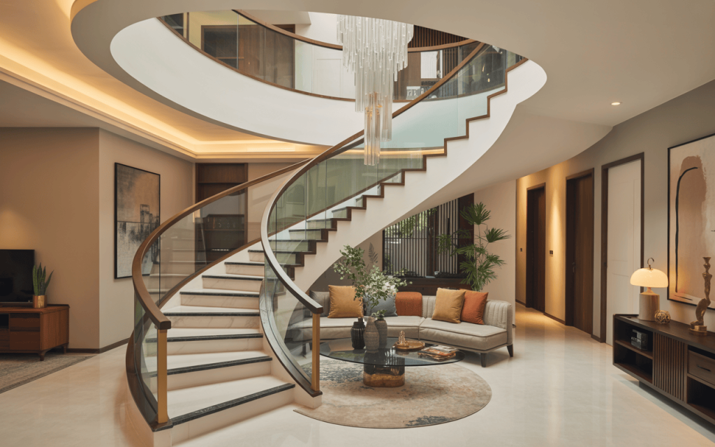 Elegant luxury glass staircase design with spiral layout in modern living room