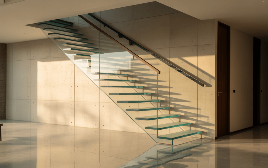 Minimalist simple glass staircase designs in modern open-plan concrete interior