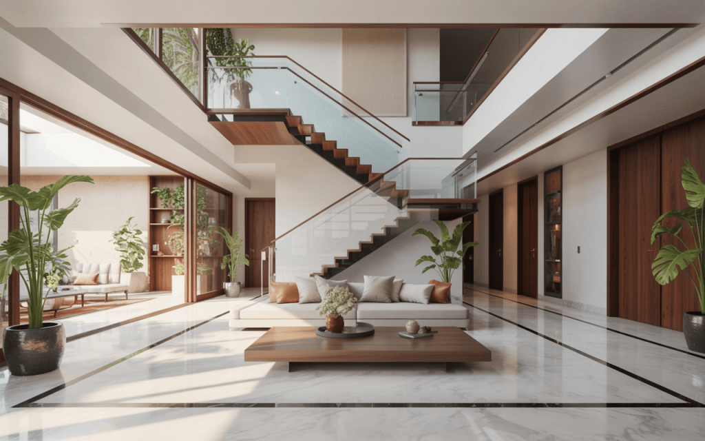 Elegant modern glass staircase design in spacious, sunlit luxury home interior