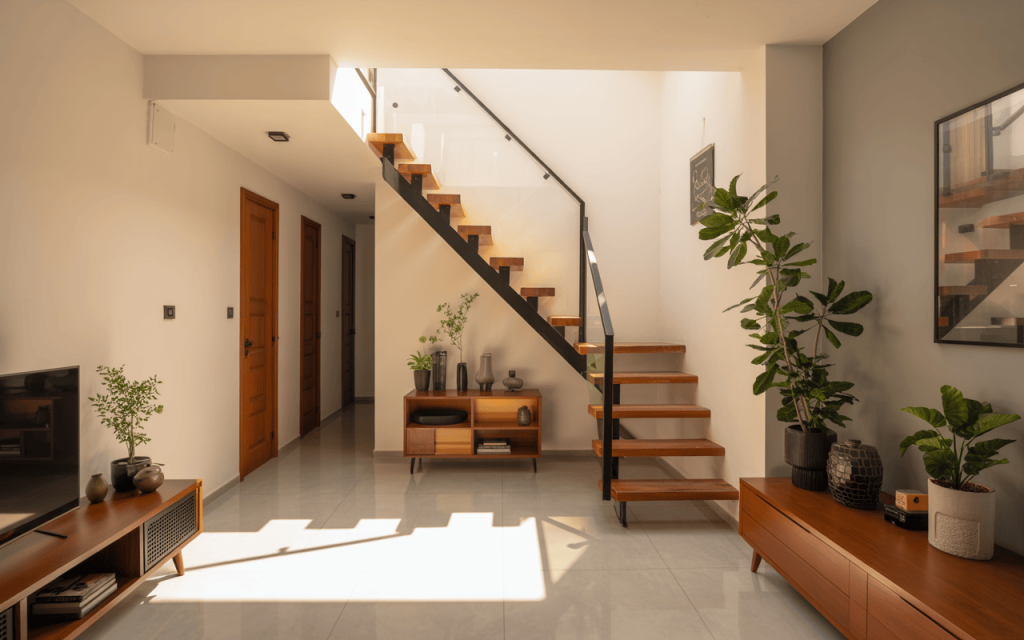 Bright wooden staircase design with glass railing in modern minimalist home