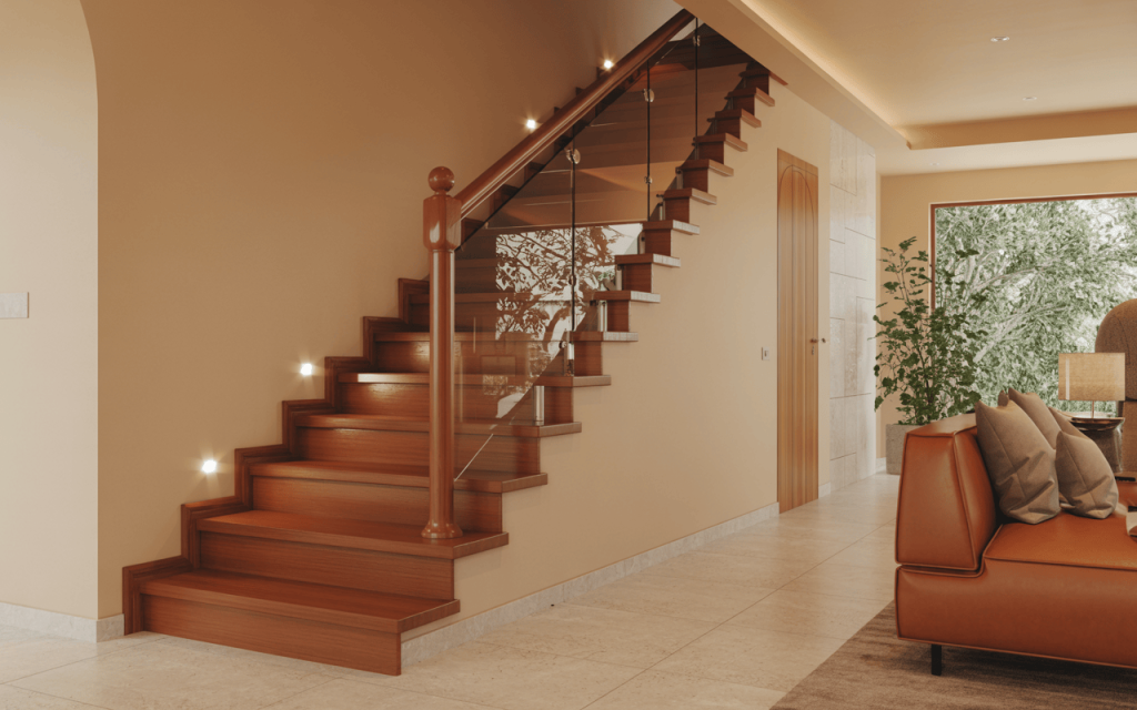 Warm wooden staircase design with glass railing in cozy modern living space