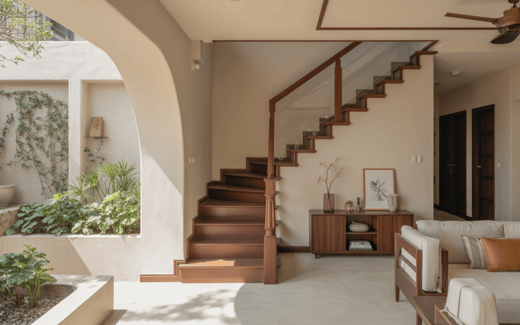 Bright wooden staircase design with glass railing in cozy natural-lit living space