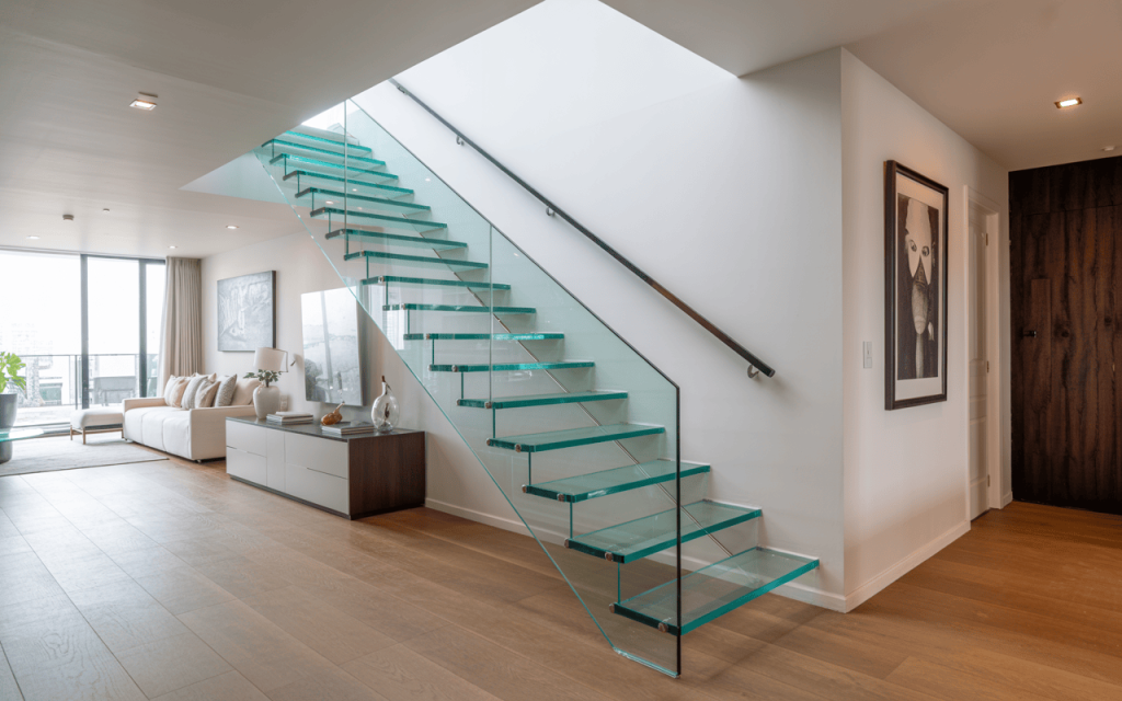 Sleek floating modern staircase design in a bright minimal living space