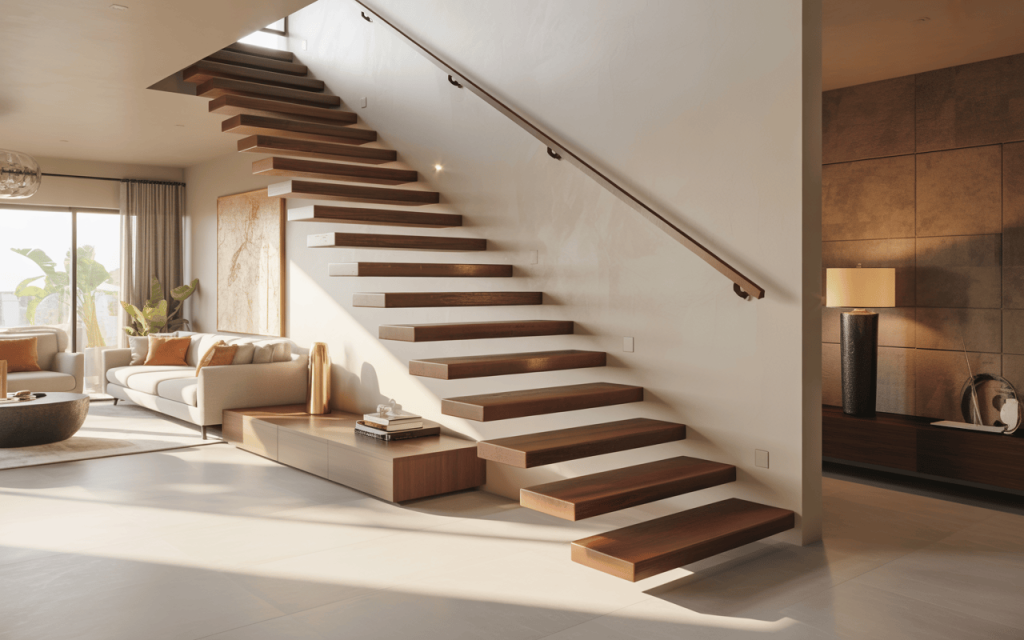 Stylish floating modern staircase design with wood steps in bright living room