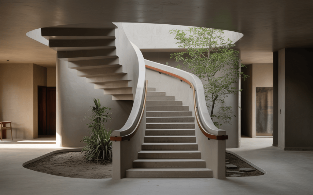 Elegant luxury modern curved staircase design with open skylight and soft tones