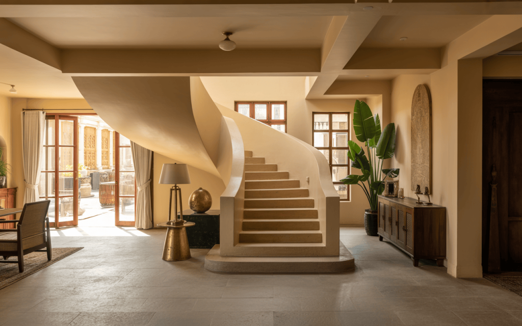 Elegant luxury modern curved staircase design in a warm toned minimalist interior