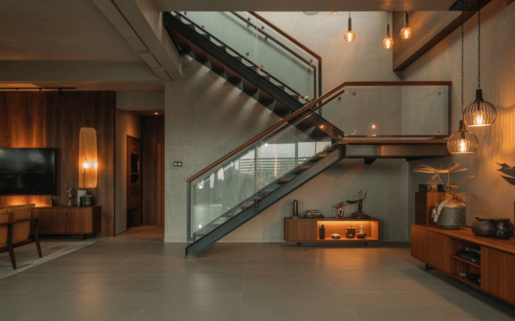 Warm modern staircase railing design with wood and glass in cozy lighting