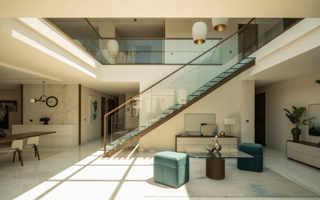 Elegant modern glass staircase design in a bright open living space