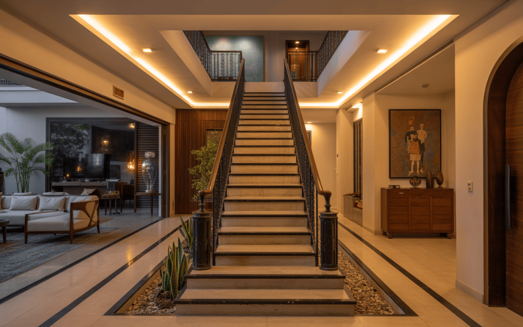 Elegant modern luxury staircase design in a grand and ambient entrance hall