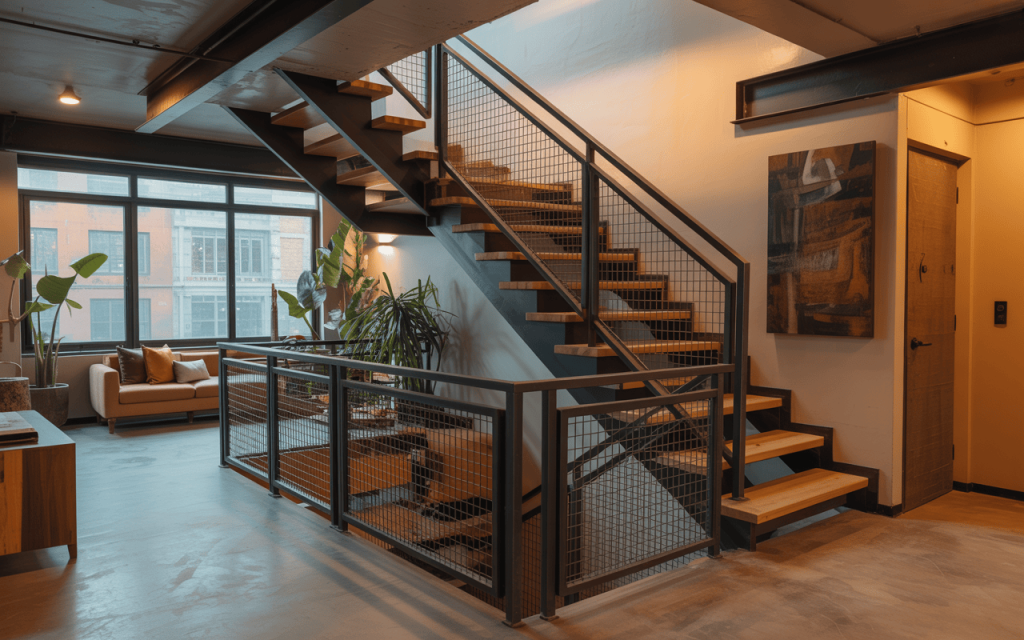 Industrial modern staircase railing design with mesh panels and wood treads