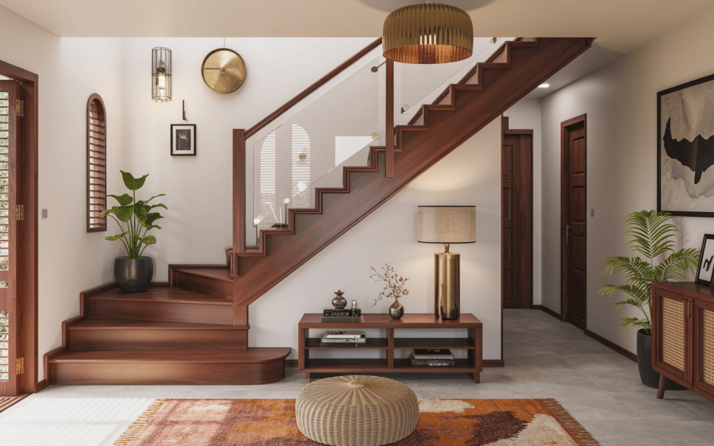 Inviting wood modern staircase design in a cozy well lit entryway