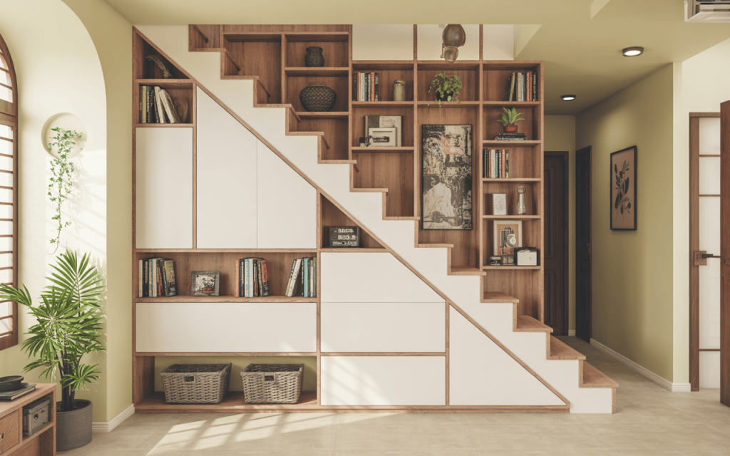 Creative wood modern staircase design with under-stair bookshelf storage