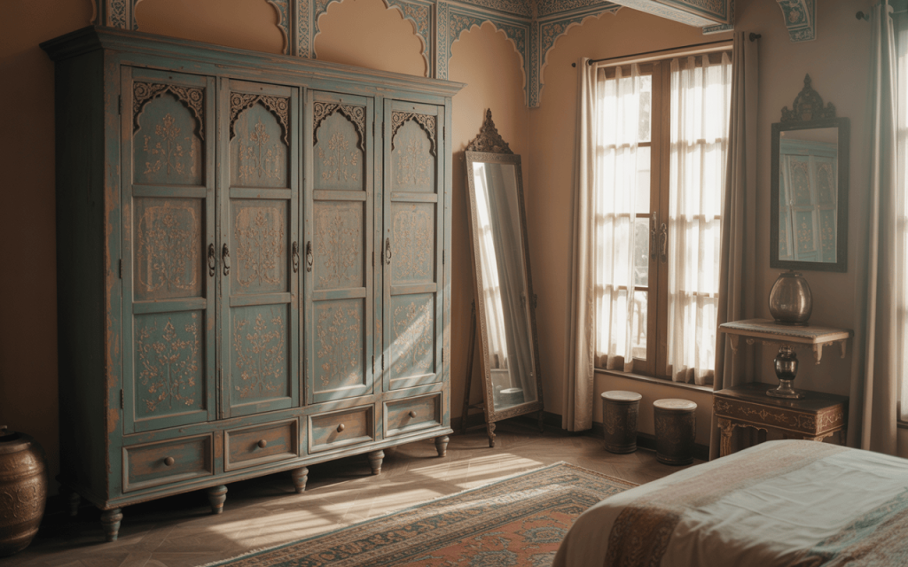 Elegant antique wooden almirah designs with intricate floral hand carvings