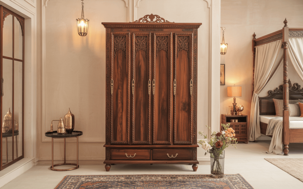Vintage traditional wooden almirah design adding charm to royal bedroom decor