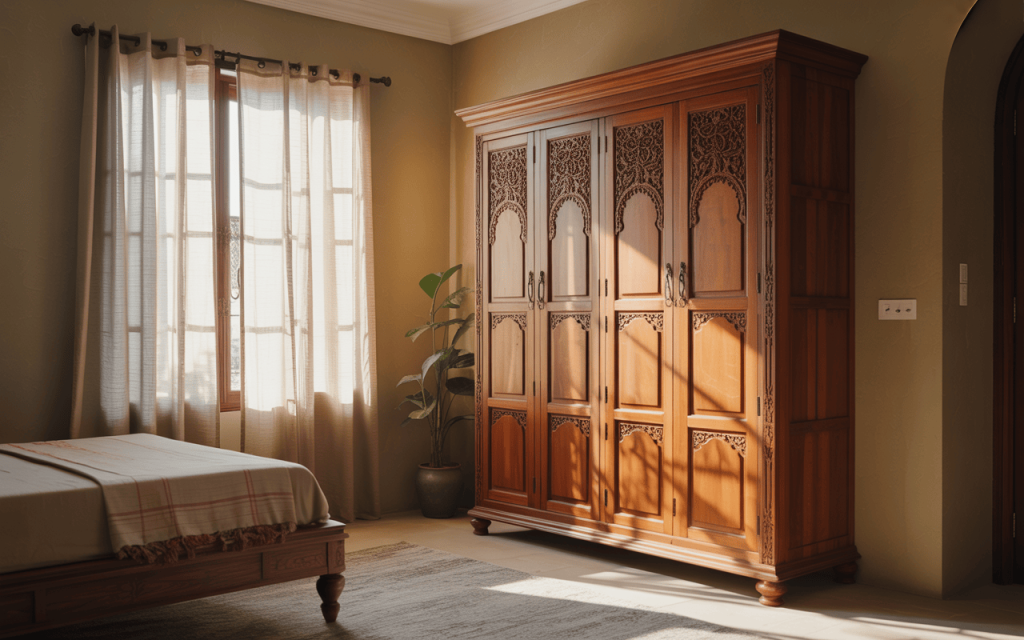 Elegant antique wooden almirah designs in a sunlit traditional bedroom setup