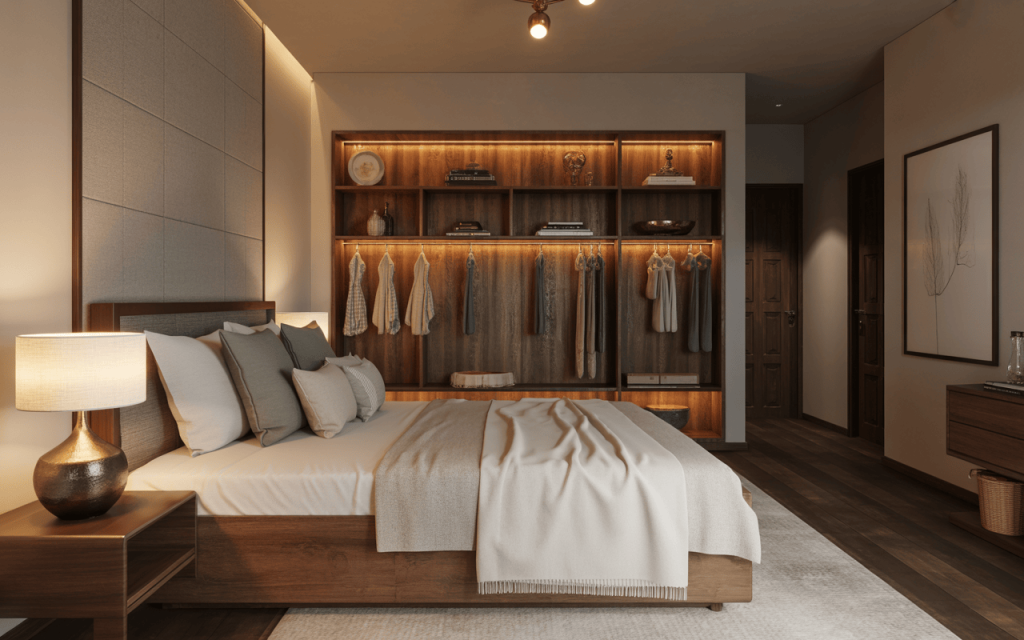 Stylish modern wooden almirah designs for bedroom with warm open-shelf lighting