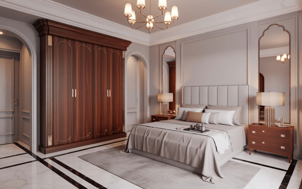 Elegant wooden almirah design for bedroom with gold accents and paneled doors