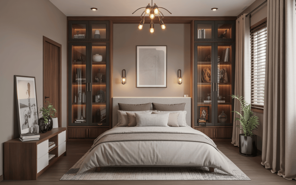 Stylish modern wooden almirah designs for bedroom with glass-front cabinets