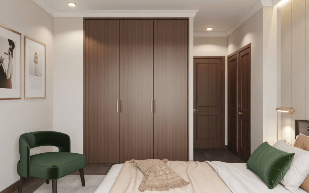Minimal small wooden almirah design in a cozy modern bedroom interior