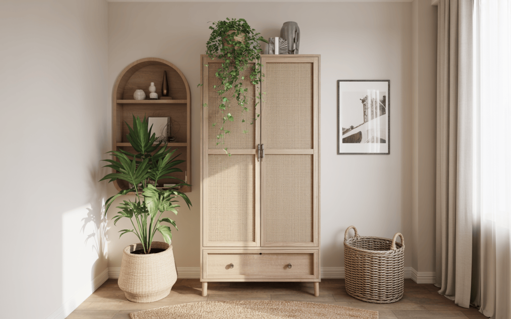 Cozy small wooden almirah design with indoor plants and boho decor accents