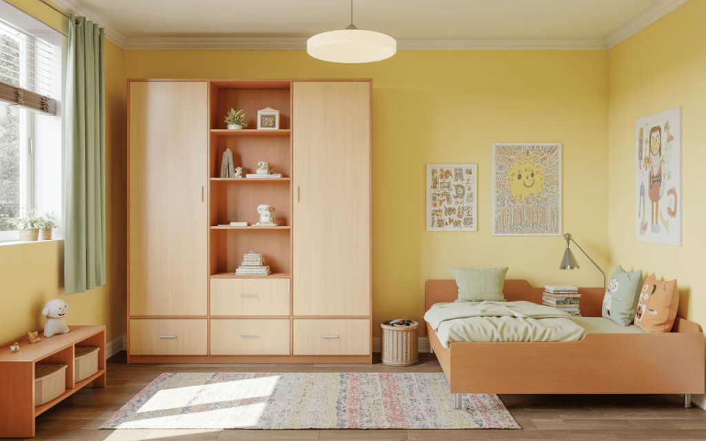 Charming small wooden almirah design with open shelves for kids bedroom