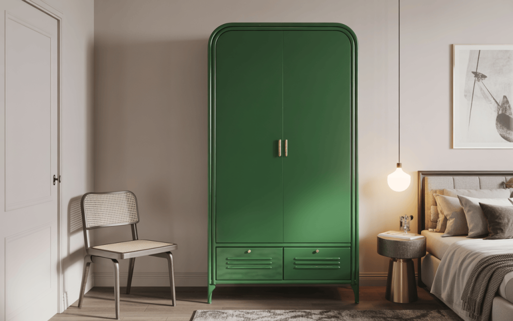 Elegant two door steel almirah designs in bold green for compact bedrooms