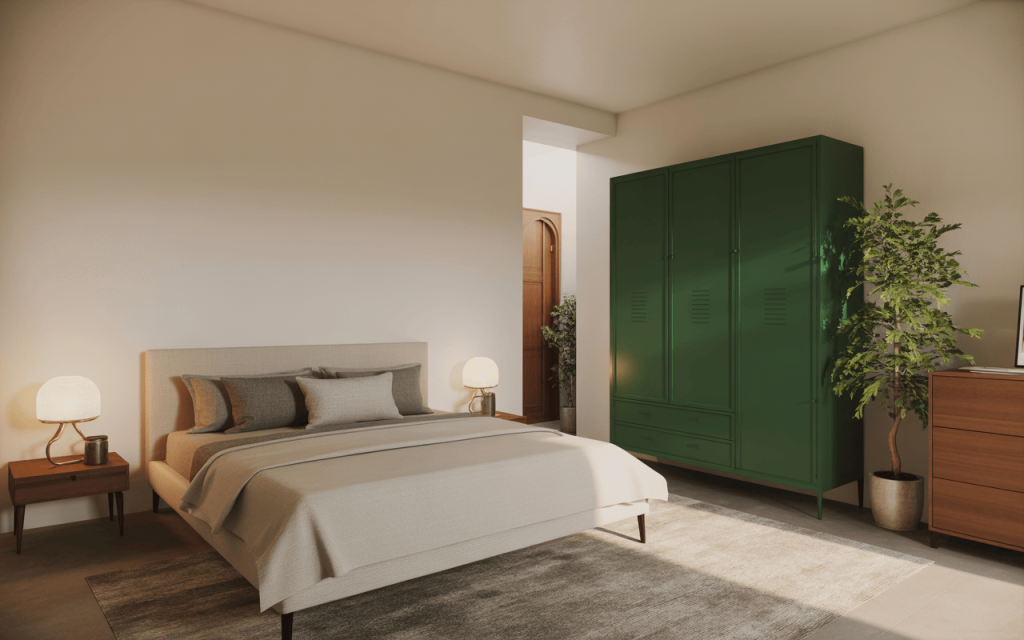 Elegant best colour for steel almirah designs in a cozy modern bedroom setup