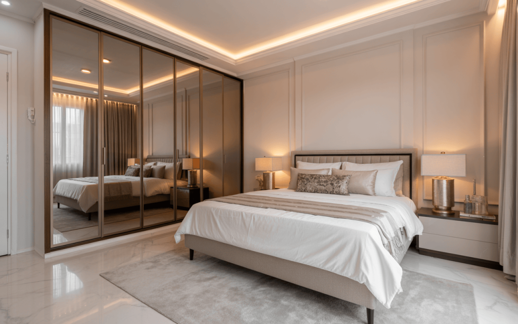 Reflective modern steel almirah design with sliding mirrored wardrobe panels