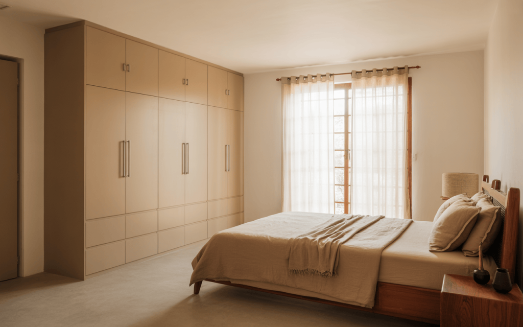 Elegant simple steel almirah design in a warm, minimalist bedroom setup