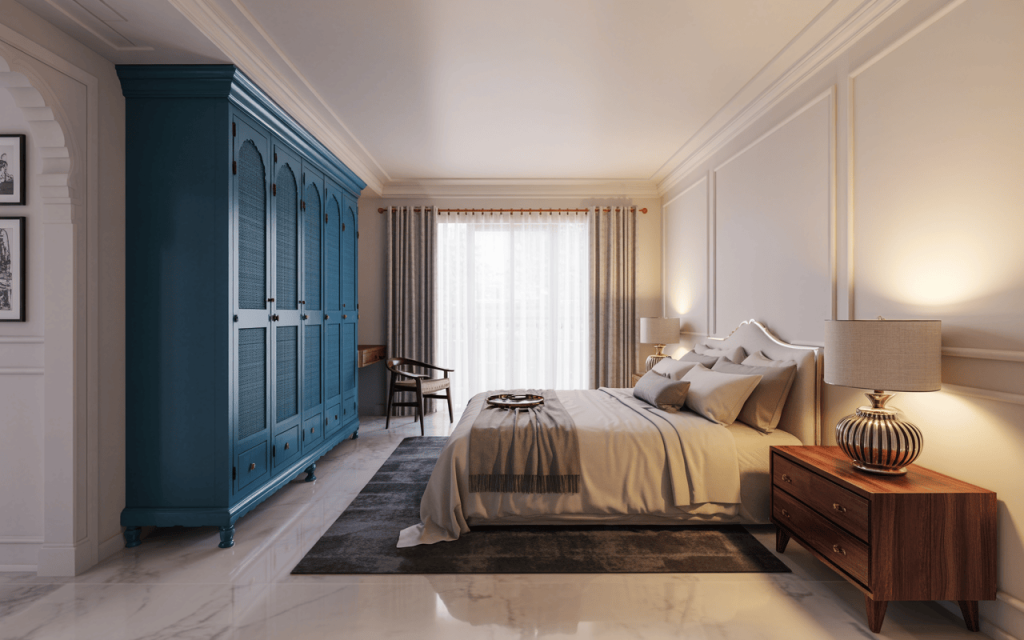 Elegant modern steel almirah design with bold blue finish in luxury bedroom
