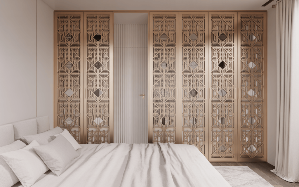 Ornate steel almirah design with intricate geometric gold door patterns