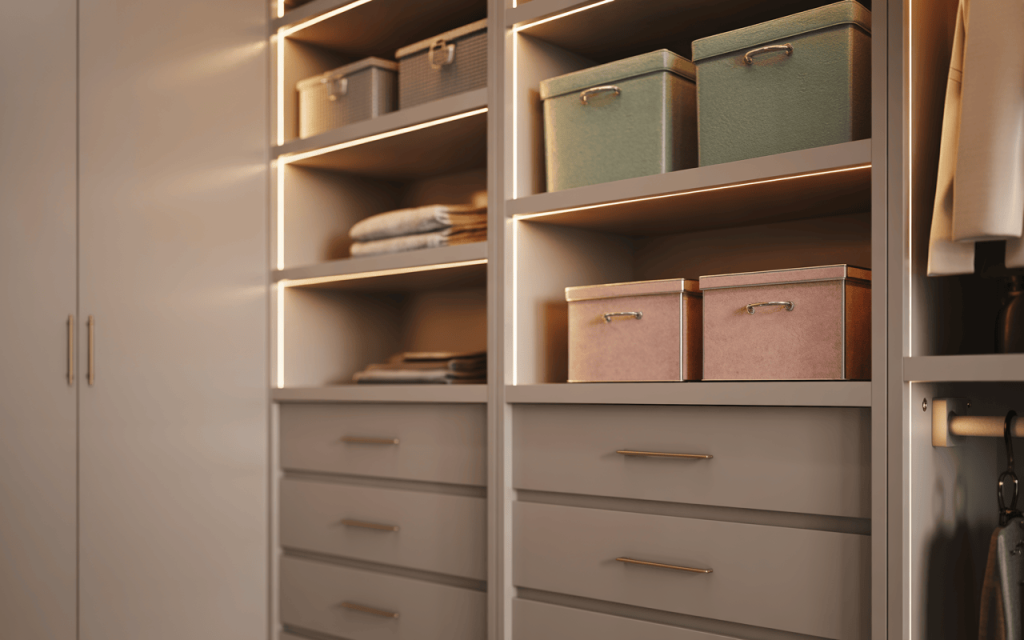 Organized modern steel almirah design with open shelves and soft lighting